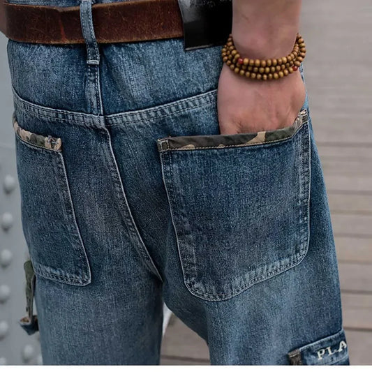 Plus Size Hiphop Cargo Pants Men Casual Streetwear Jeans Loose Baggy Denim Pants Big Pocket Wide Leg Skateboard Jeans Clothing